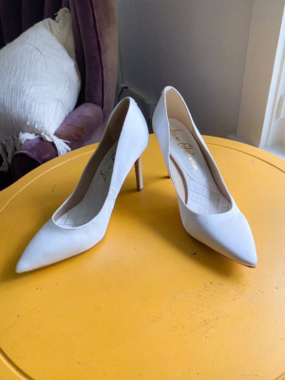 Sam Edelman Hazel White Satin Pointed Toe Stiletto Pumps